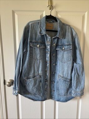 Blank NYC Light Blue Denim Jacket with Tan Leather Patch, light distressing. XL.
